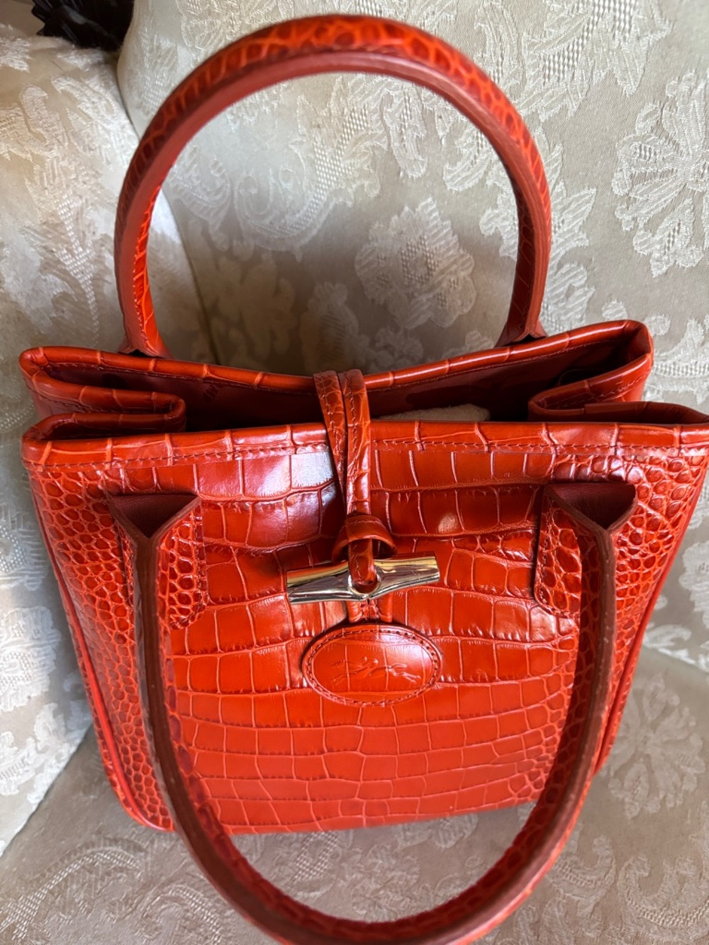 Croc-Embossed Orange Leather Satchel with Polished Hardw - Picture 10 of 10